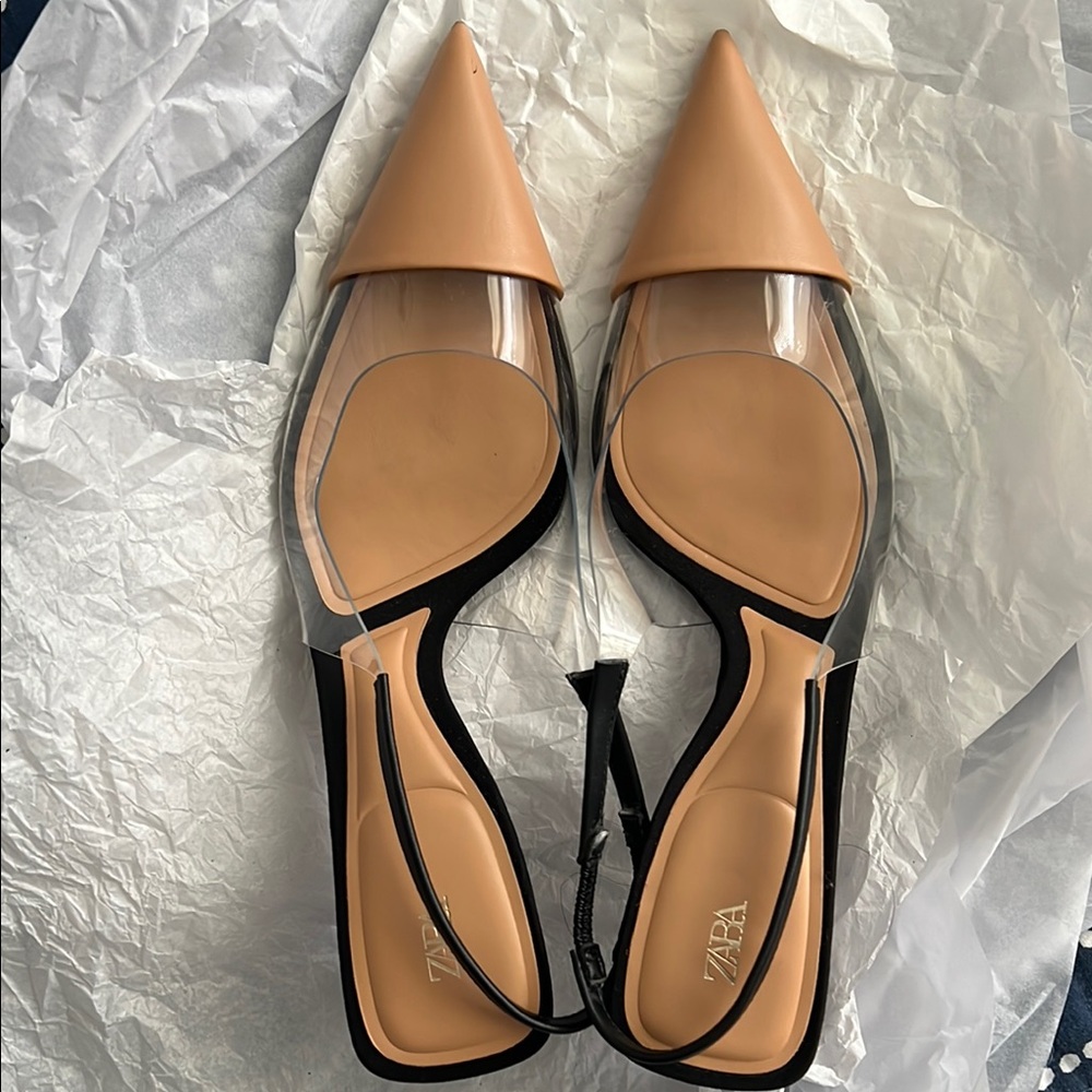 Zara Slingback pumps tan/PVC kitten heel size 39